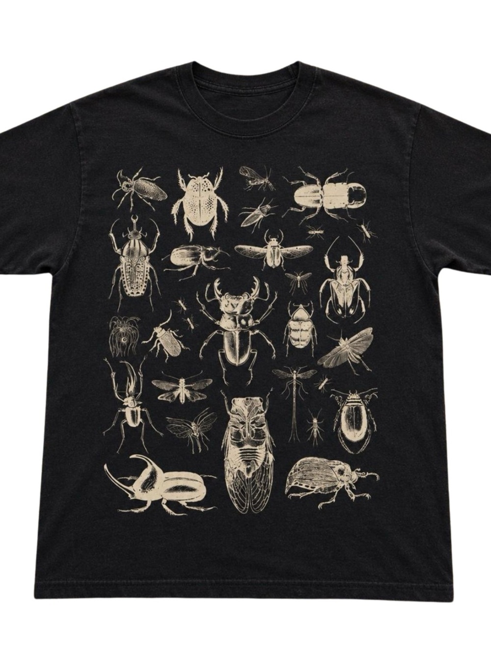 Gildan Black Tee with Cream Insect Illustration, Gift For Her, For Him